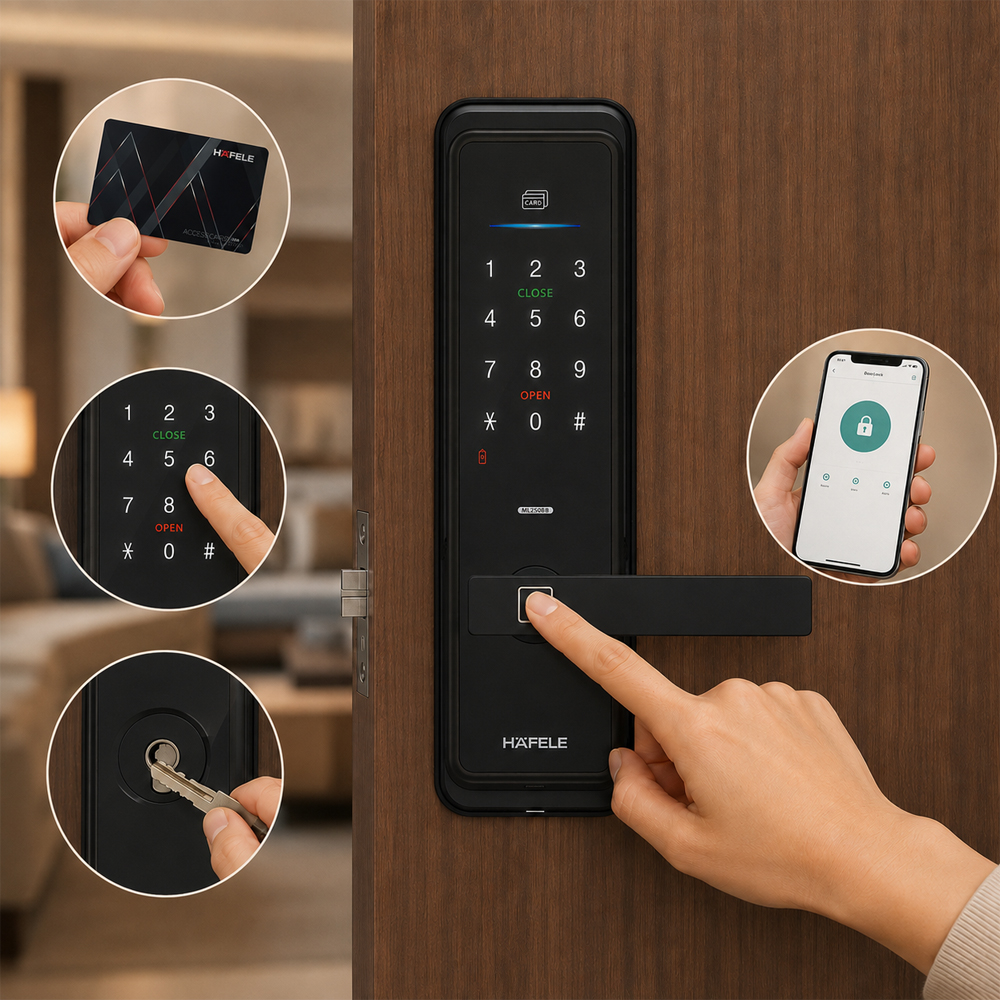 Các phương thức mở khóa của Häfele ML2502B gồm vân tay mã số thẻ từ chìa cơ và ứng dụng