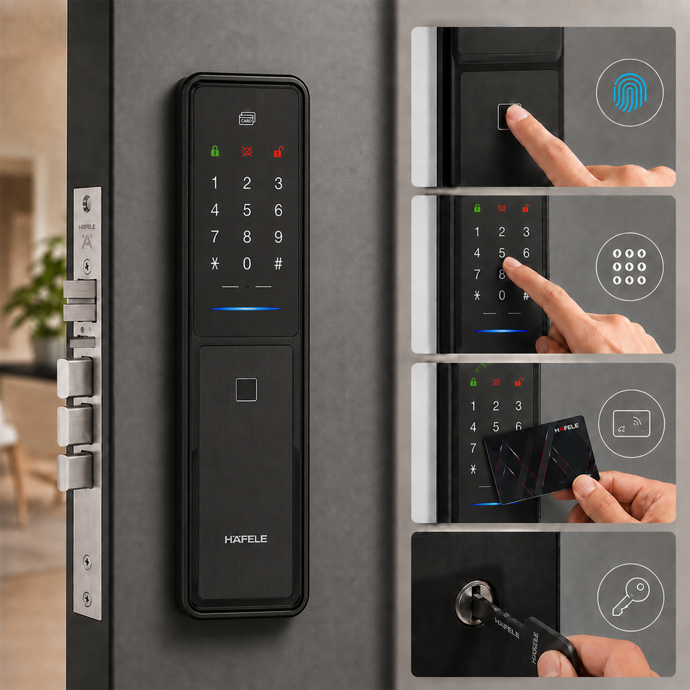 Các phương thức mở khóa của Häfele MP2503B gồm vân tay mã số thẻ từ và chìa cơ