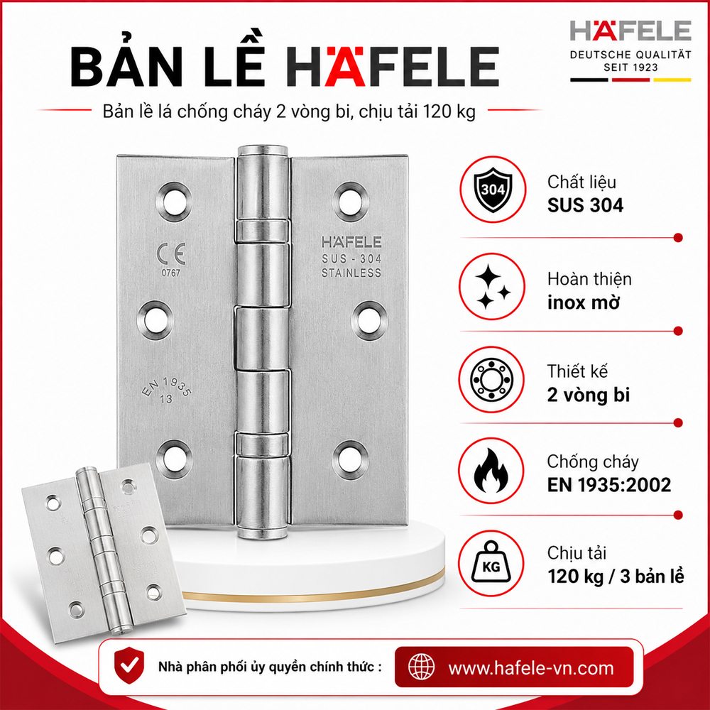 Bản lề lá chống cháy 2 vòng bi Häfele 926.98.040 Startec DHB 3222 inox 304 mờ