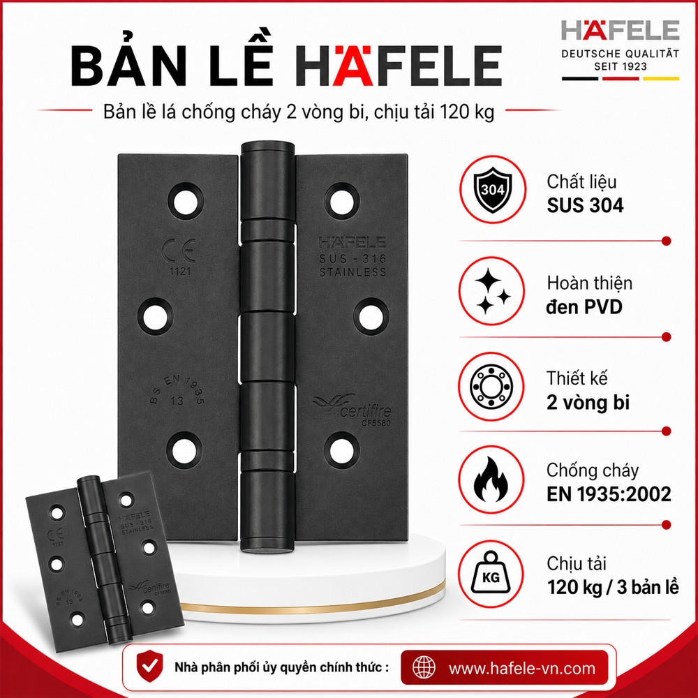 Bản lề lá 2 vòng bi 120kg Häfele 926.98.043 Startec DHB 3222 inox 304 đen mờ PVD
