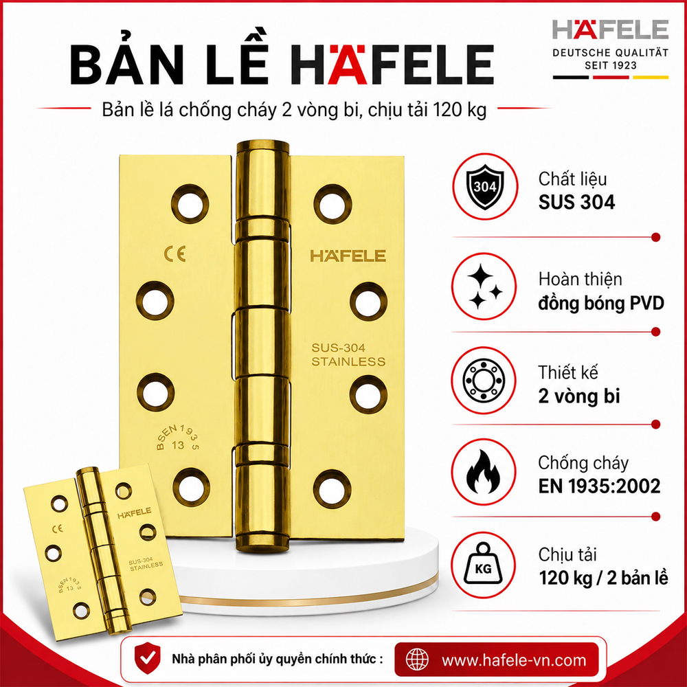 Bản lề lá 2 vòng bi 120kg Häfele 926.98.048 Startec DHB 3222 inox 304 màu đồng bóng PVD