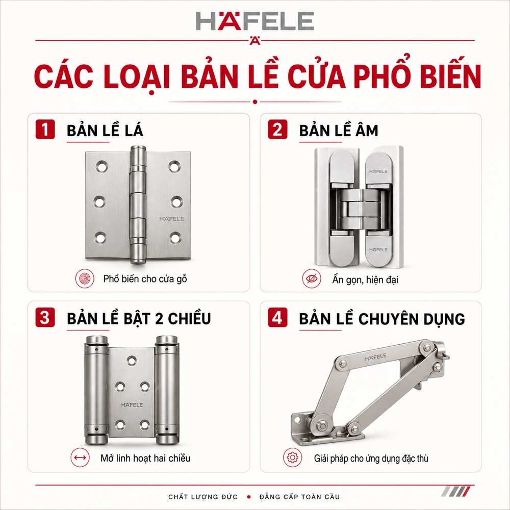 Các loại bản lề cửa đi phổ biến gồm bản lề lá bản lề âm bản lề bật hai chiều và bản lề chuyên dụng
