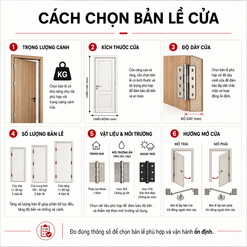 Cách chọn bản lề cửa đi theo trọng lượng kích thước độ dày cánh số lượng bản lề và môi trường sử dụng