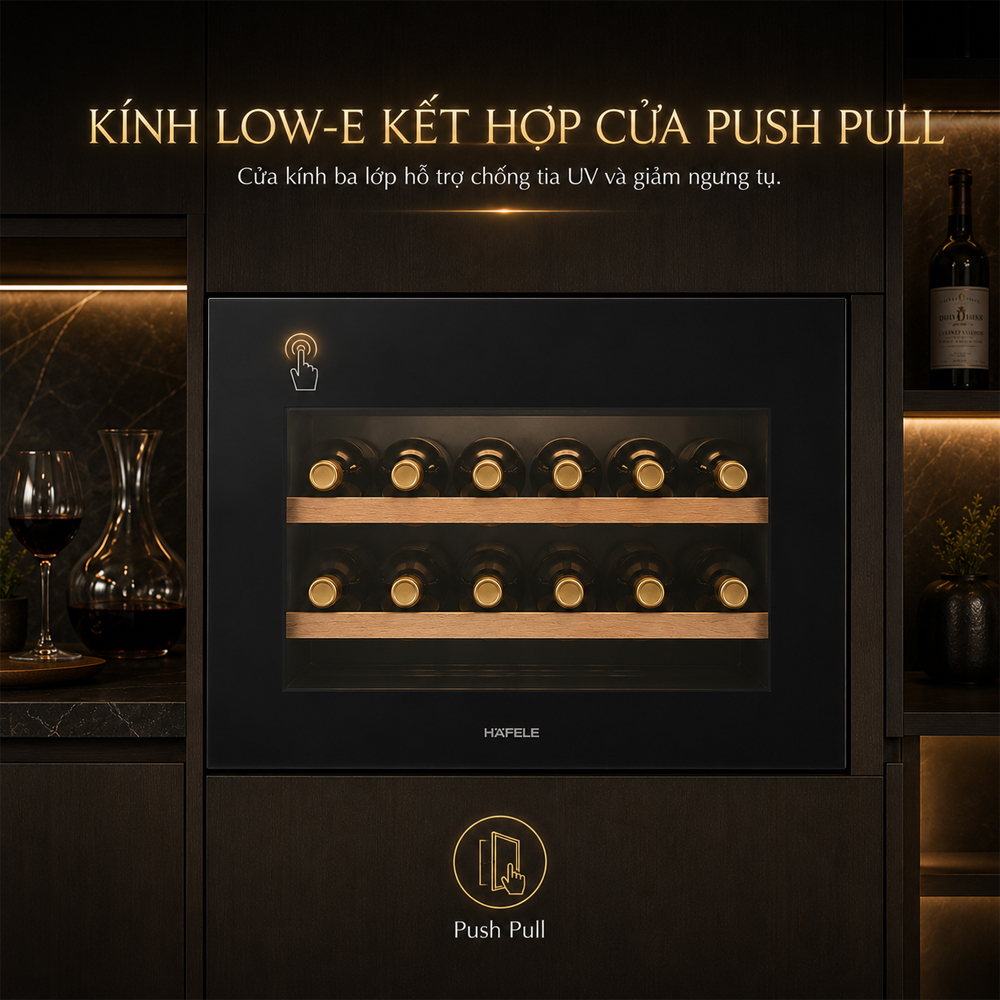 Cửa kính ba lớp Low-E và Push Pull của tủ rượu Häfele HW-C62BB