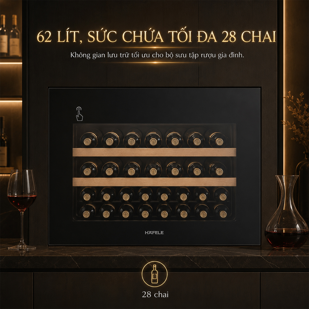 Dung tích 62 lít và sức chứa 28 chai của tủ rượu Häfele HW-C62BB