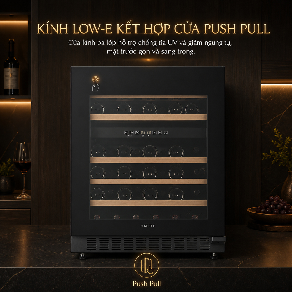 Cửa kính ba lớp Low-E và Push Pull của tủ rượu Häfele HW-C129FB
