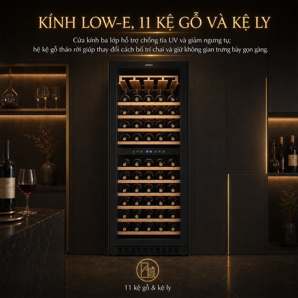 Cửa kính ba lớp Low-E và hệ kệ gỗ của tủ rượu Häfele HW-C415FB