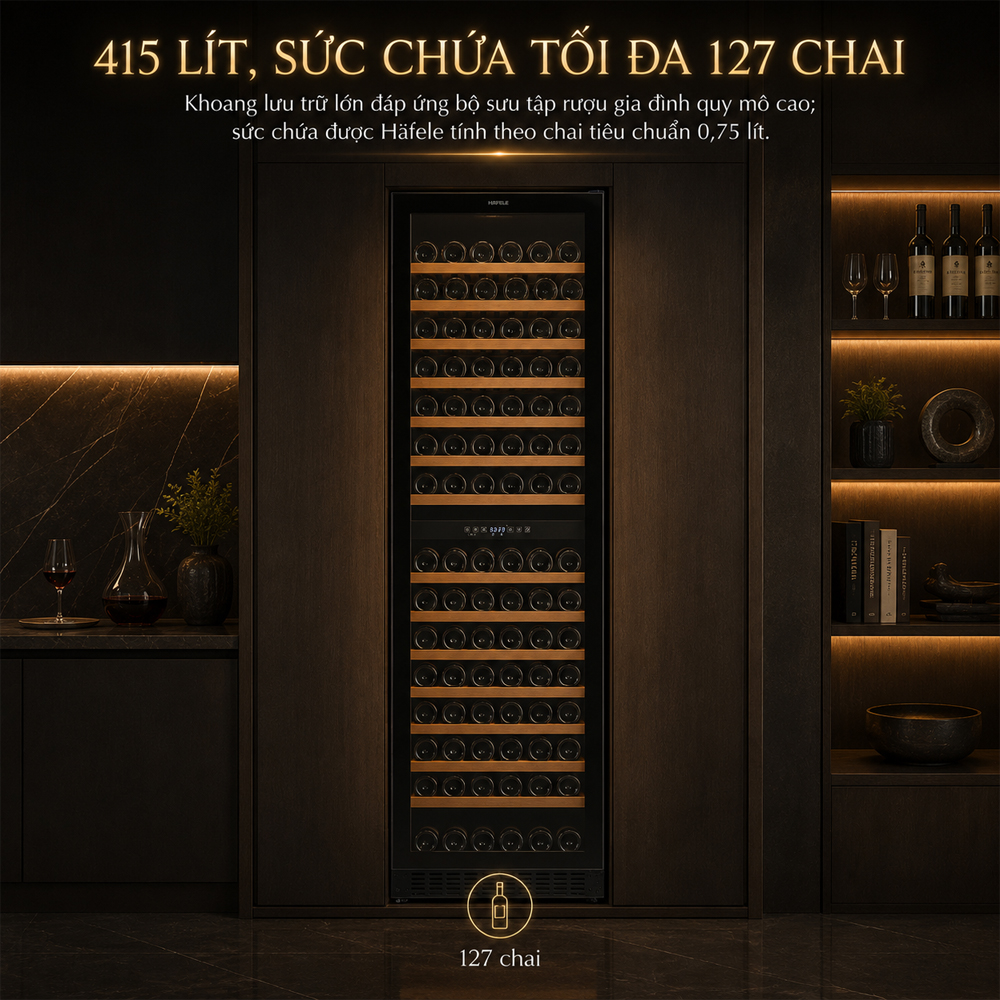Dung tích 415 lít và sức chứa 127 chai của tủ rượu Häfele HW-C415FB