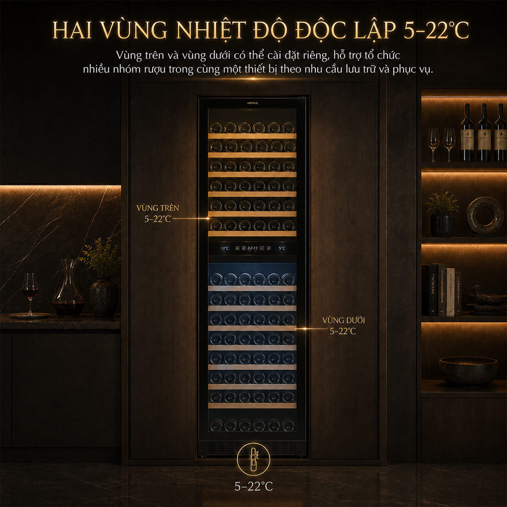 Hai vùng nhiệt độ độc lập 5 đến 22 độ C của tủ rượu Häfele HW-C415FB