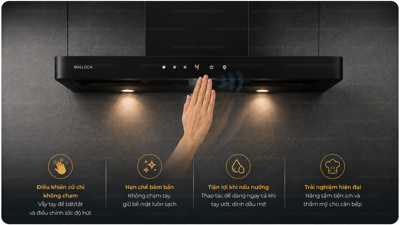 Điều khiển cử chỉ không chạm trên máy hút mùi Malloca Aura Black