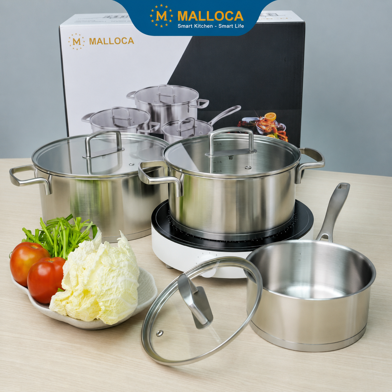 Bộ nồi 6 món Malloca SA199 gồm 2 nồi, 1 quánh và 3 nắp đậy