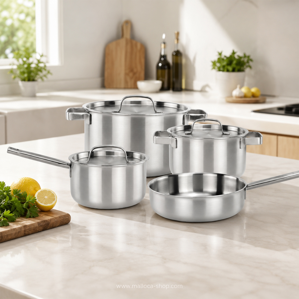 Bộ nồi inox 6 món Malloca SA-112 gồm 2 nồi, 1 quánh và 3 nắp đậy