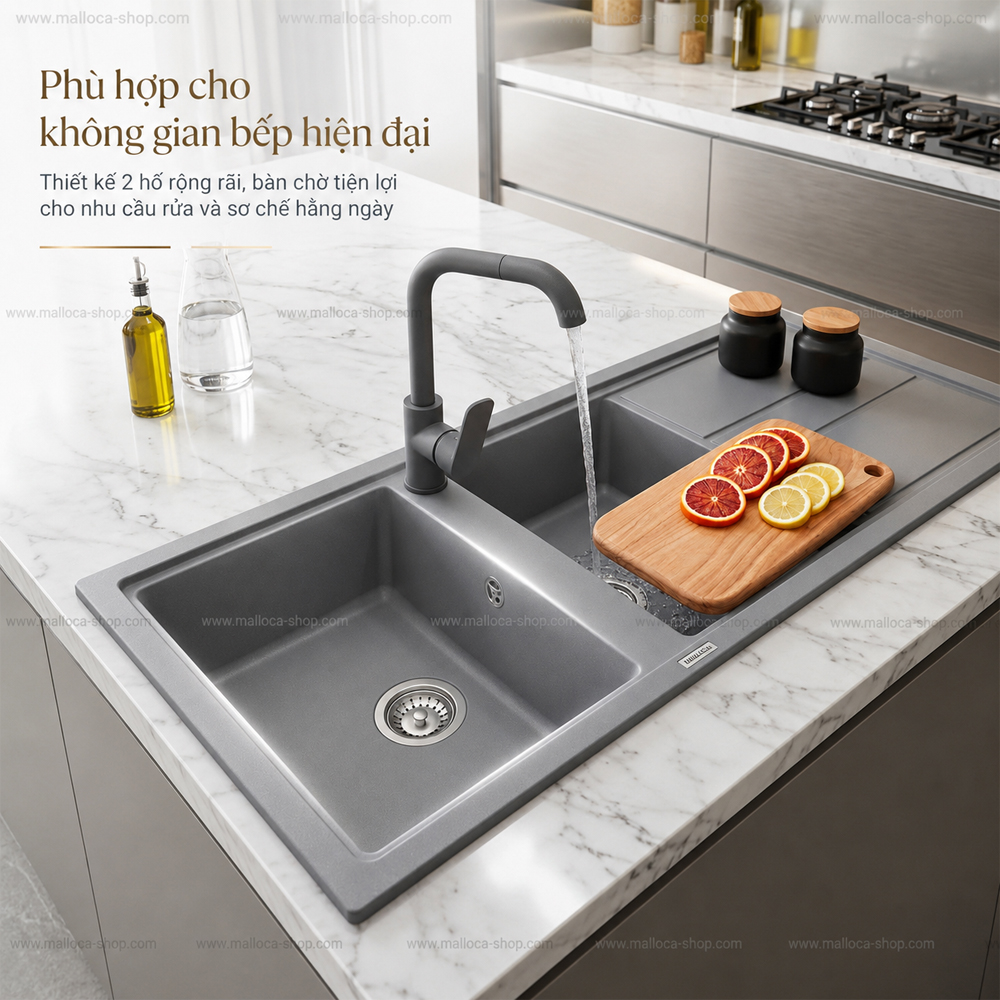 Không gian lắp đặt chậu rửa chén Malloca Titanium K50073 trong bếp hiện đại