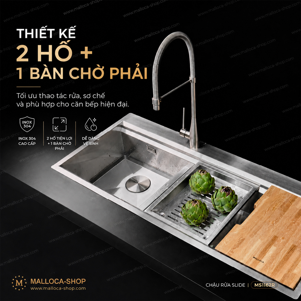 Chậu rửa chén Malloca Slide MS1162R thiết kế 2 hố 1 bàn chờ