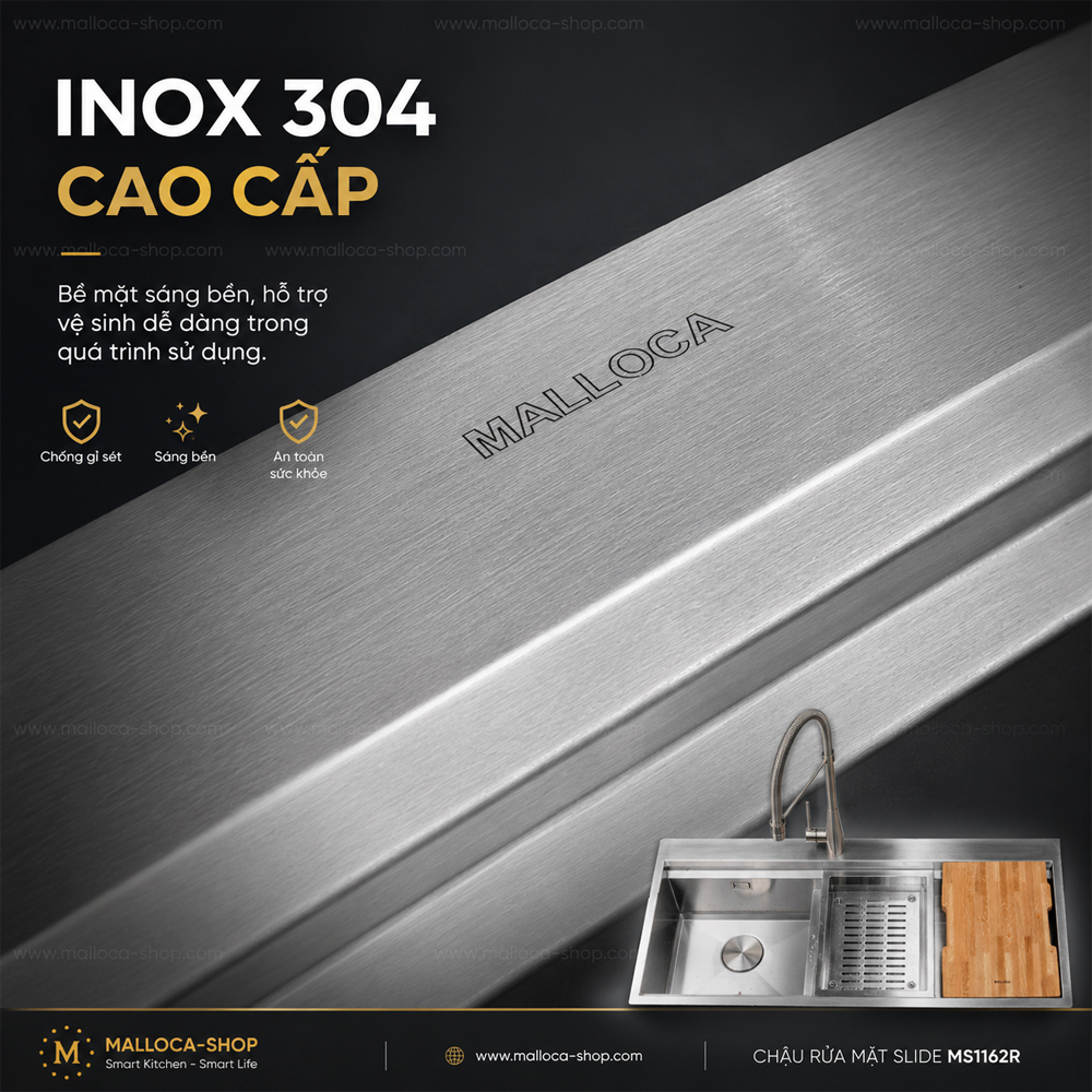 Chậu rửa chén Malloca Slide MS1162R inox 304 dày 1.2mm