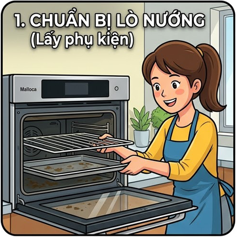 Bước 1 chuẩn bị khoang lò trước khi làm sạch Pyrolytic