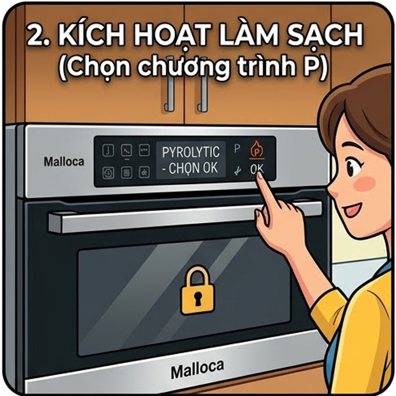 Bước 2 chọn chế độ làm sạch Pyrolytic trên bảng điều khiển lò nướng