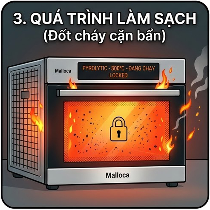 Bước 3 nhiệt độ cao phân hủy dầu mỡ và cặn bẩn trong khoang lò