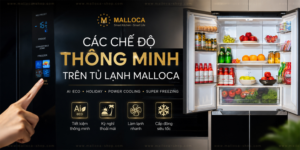 Các chế độ thông minh AI ECO Holiday Power Cooling và Super Freezing trên tủ lạnh Malloca