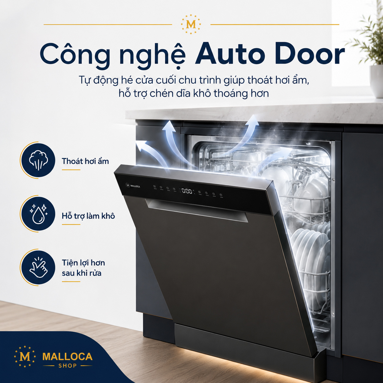 Tư vấn máy rửa chén Malloca có Auto Door