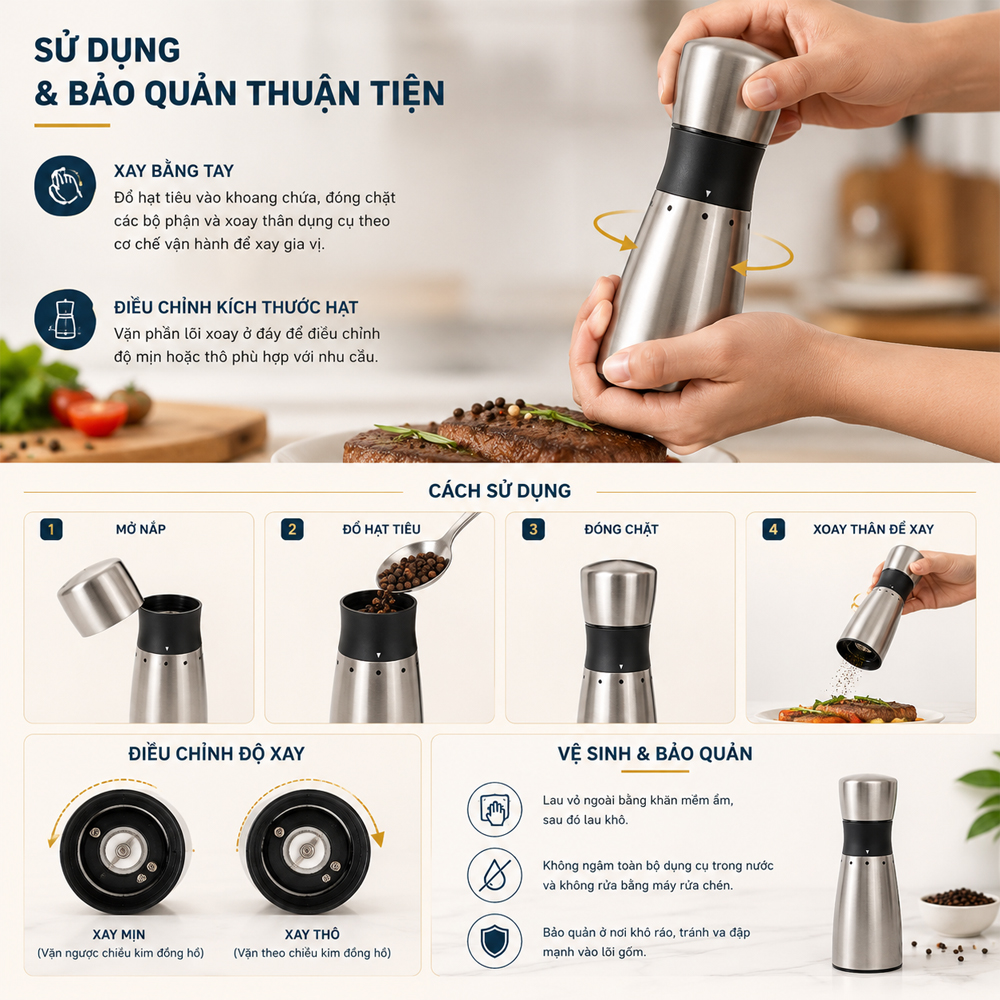Sử dụng và bảo quản dụng cụ xay tiêu Malloca MMPM657A