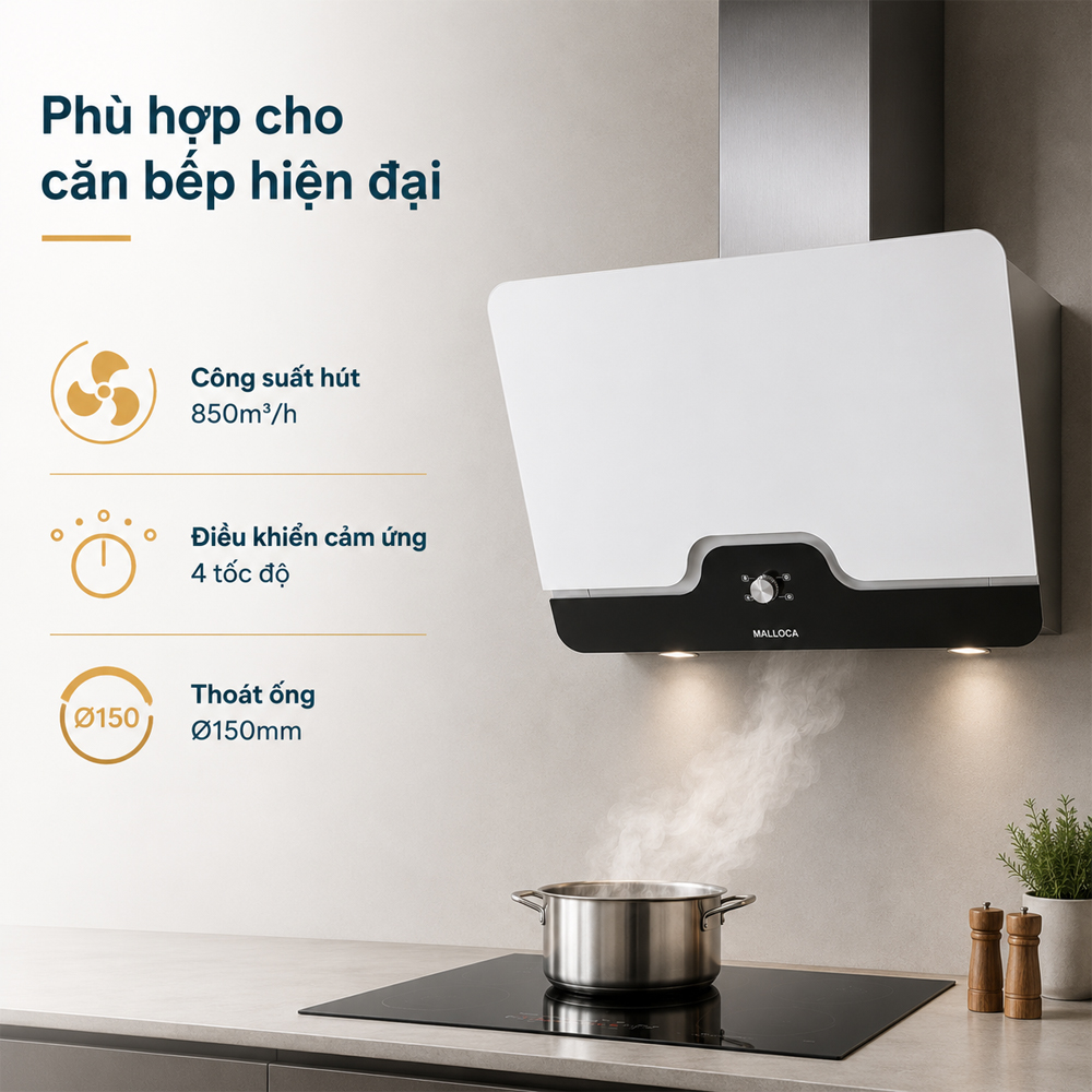 Máy hút mùi Malloca DRIVE F-152W lắp áp tường trong căn bếp hiện đại