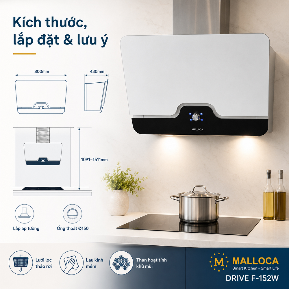 Kích thước kỹ thuật máy hút mùi Malloca DRIVE F-152W