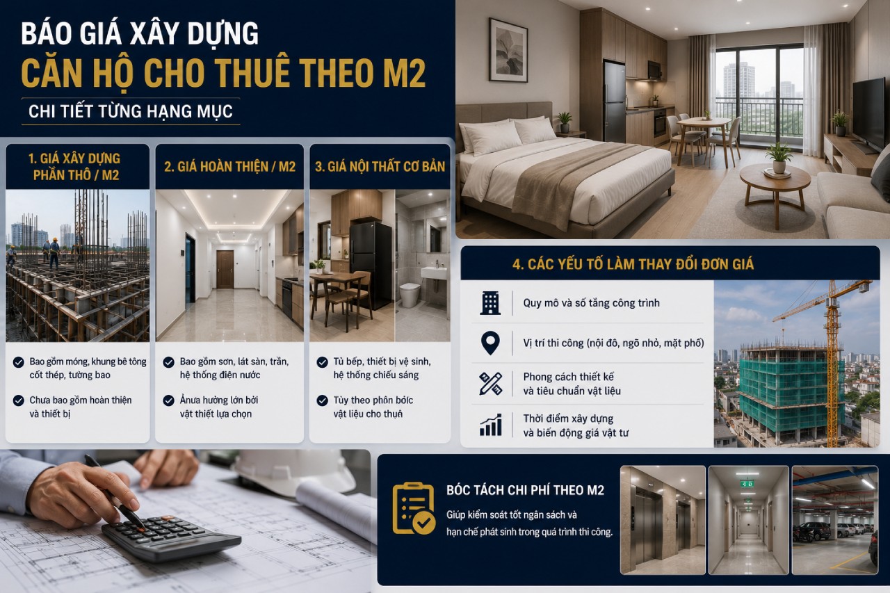 Báo giá xây dựng căn hộ cho thuê theo m2 chi tiết từng hạng mục