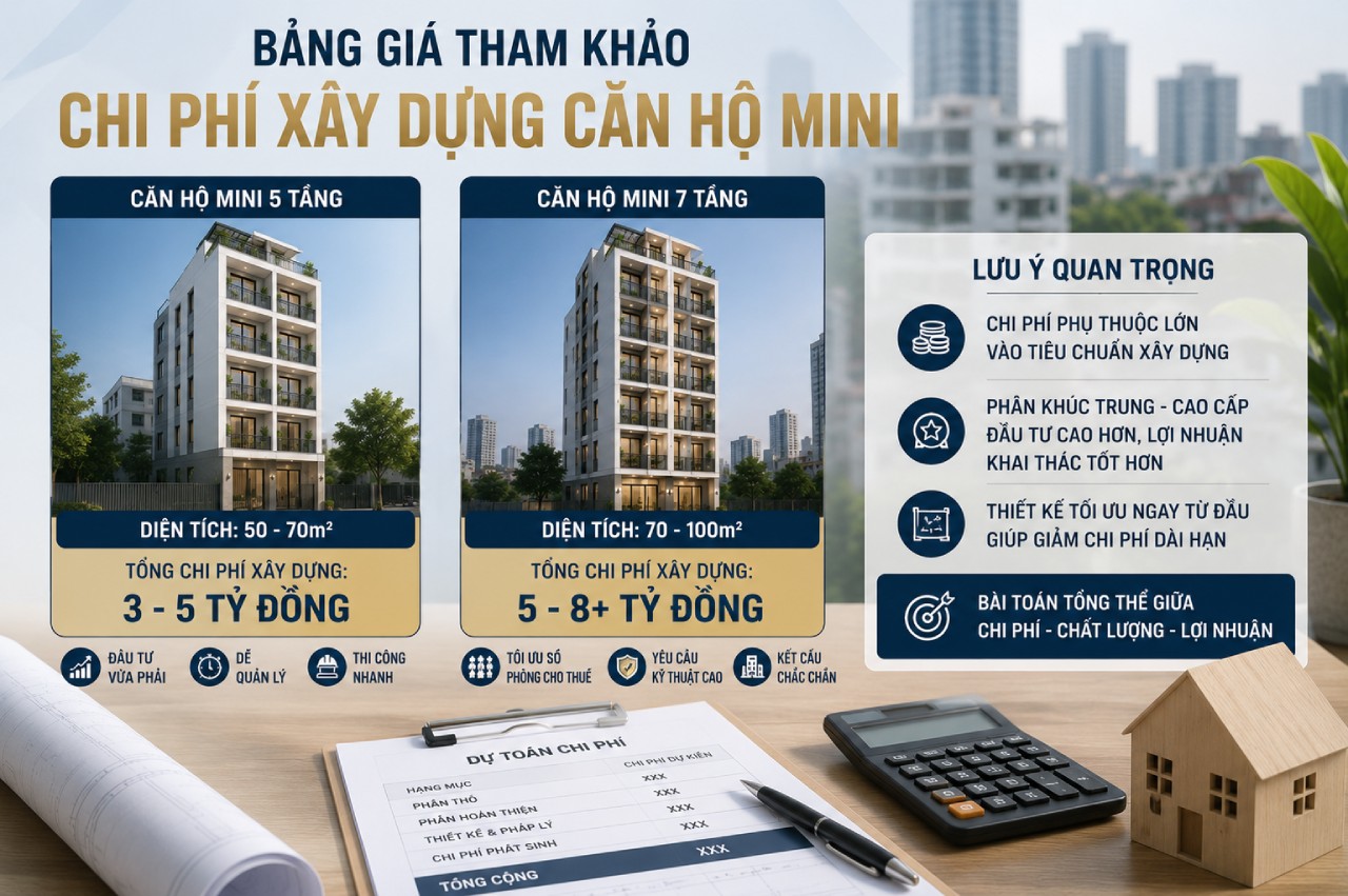 Bảng giá tham khảo chi phí xây dựng căn hộ mini 5 tầng - 7 tầng