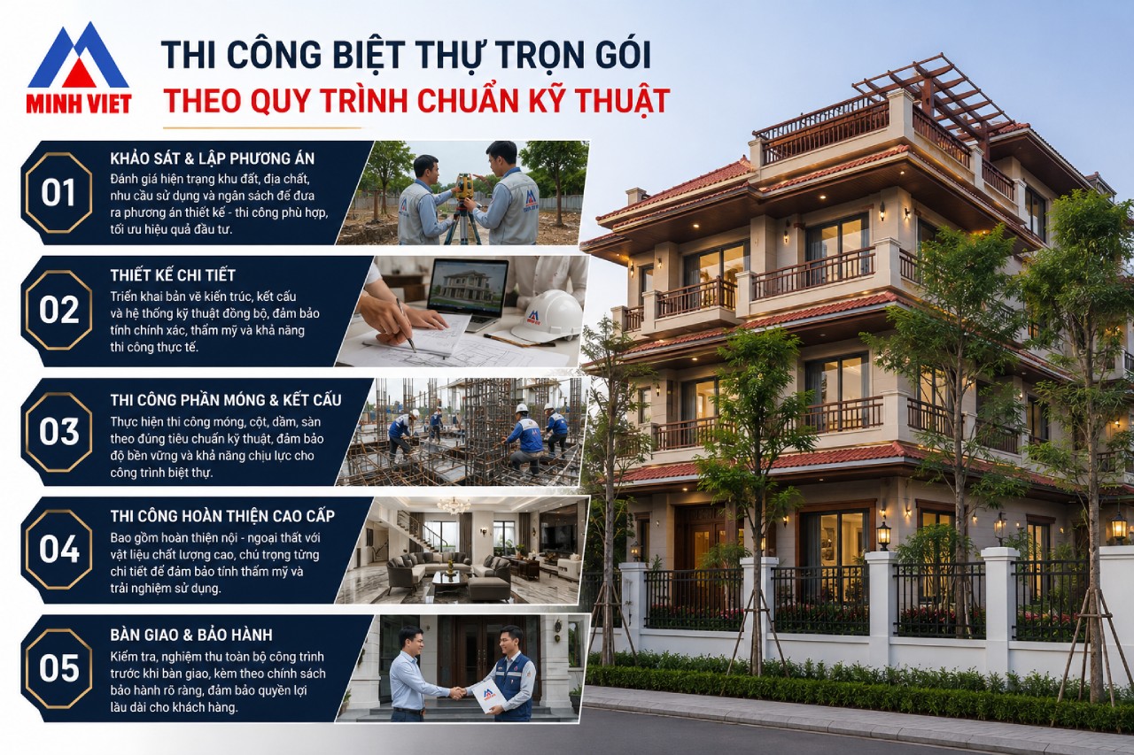 Thi công biệt thự trọn gói theo quy trình chuẩn kỹ thuật