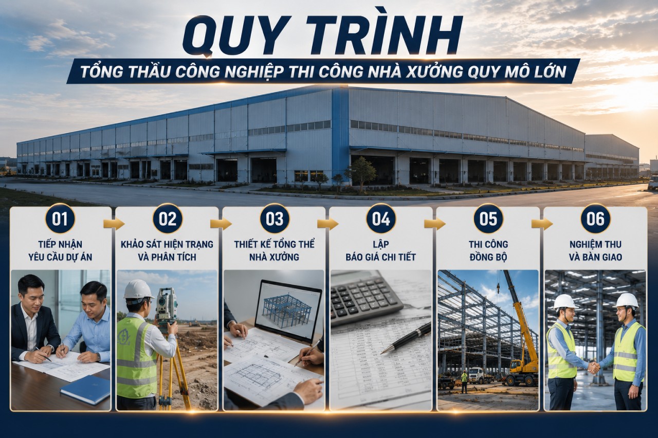 Quy trình tổng thầu công nghiệp thi công nhà xưởng quy mô lớn