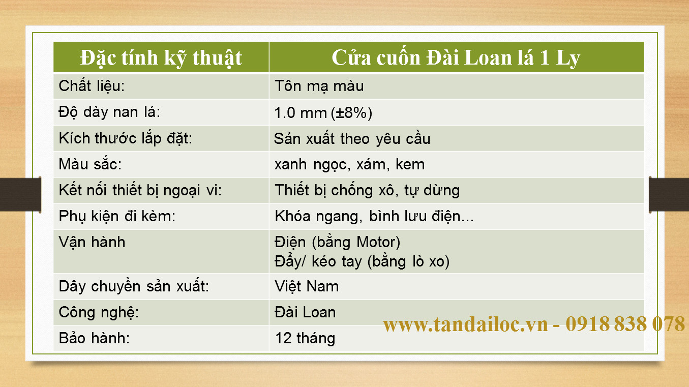 Đặc tính kỹ thuật cửa cuốn đài loan lá 1 ly