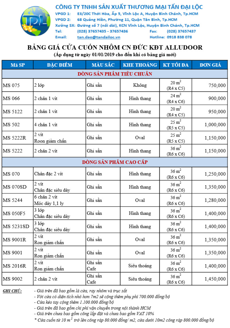 BÀO GIÁ CỬA CUỐN NHÔM CN ĐỨC KHẢI ĐỨC THÀNH