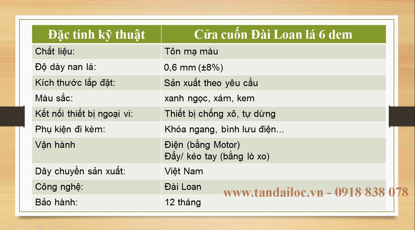 Đặc tính kỹ thuật cửa cuốn Đài Loan lá 6 dem