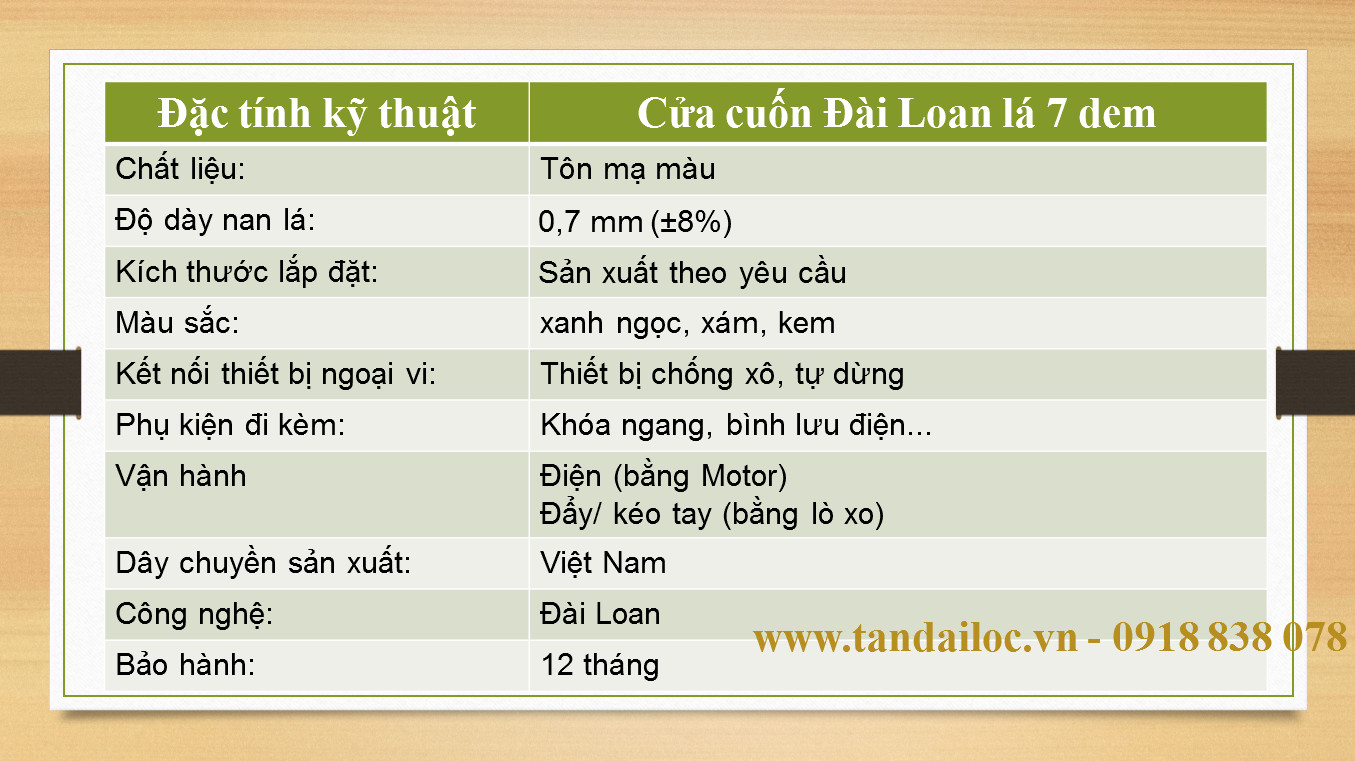 Đặc tính kỹ thuật lá cửa cuốn Đài Loan 7 dem