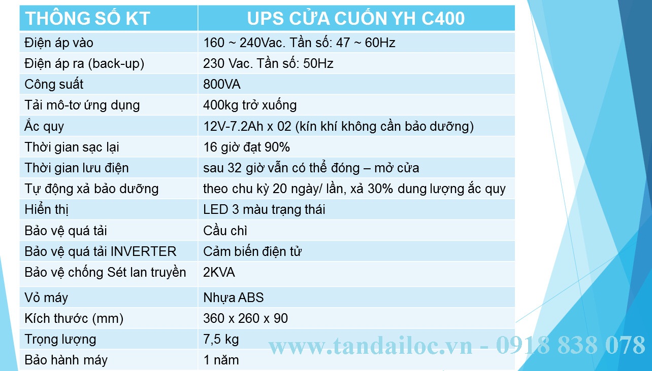 Thông số kỹ thuật bình lưu điện cửa cuốn YH C400