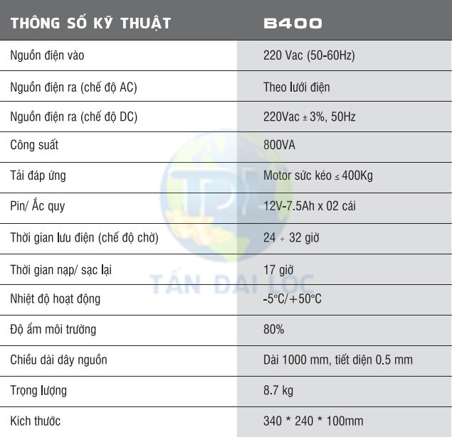 thông số kỹ thuật bình lưu điện cửa cuốn YH B400