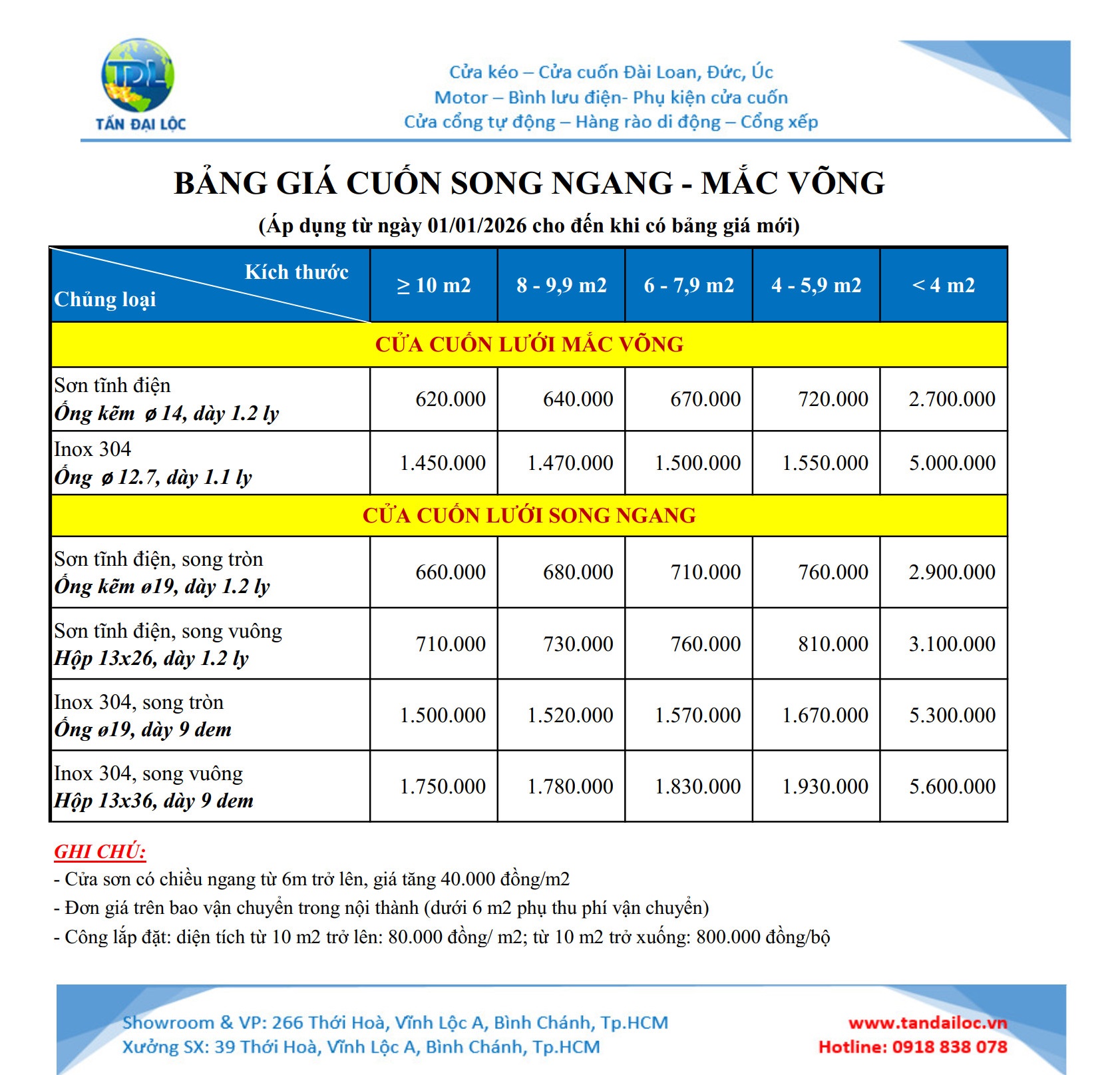 BẢNG GIÁ CỬA CUỐN MẮC VÕNG SONG NGANG RẺ NHẤT 2026