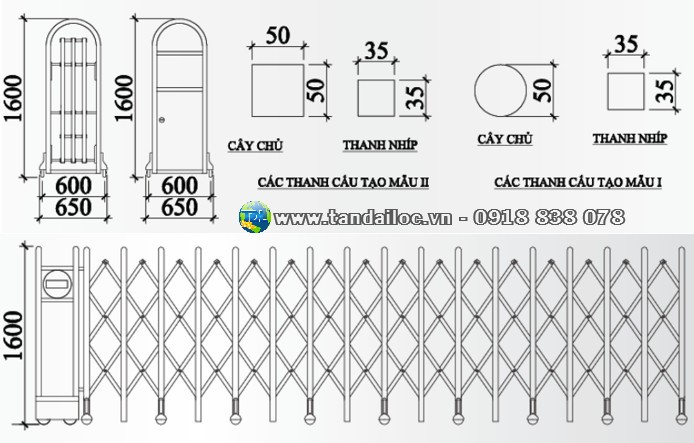 Quy cách cổng xếp inox tự động Tấn Đại Lộc CX03