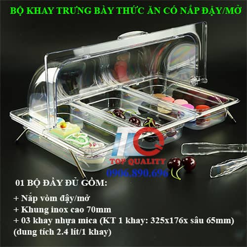 Khay inox GN 1/3 trưng bày trái cây-bánh tiệc cưới tiệc buffet, bo combo 3 khay nhua mica co nap day mo trung bay thuc an buffet