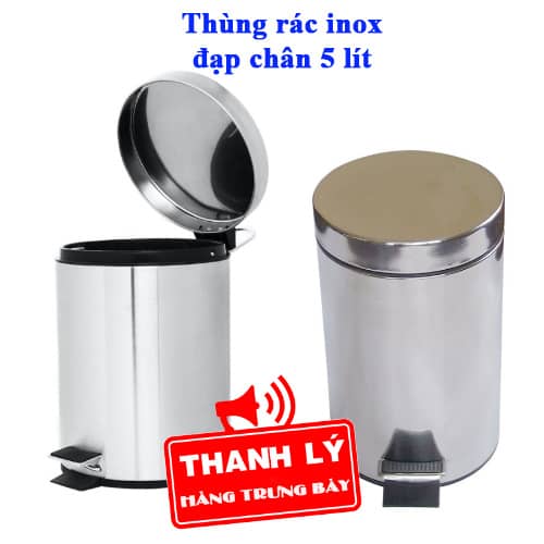 thùng rác inox tròn nhỏ, thùng rác nhỏ đạp chân, thùng rác nhỏ chân đạp, thùng rác inox 5 lít