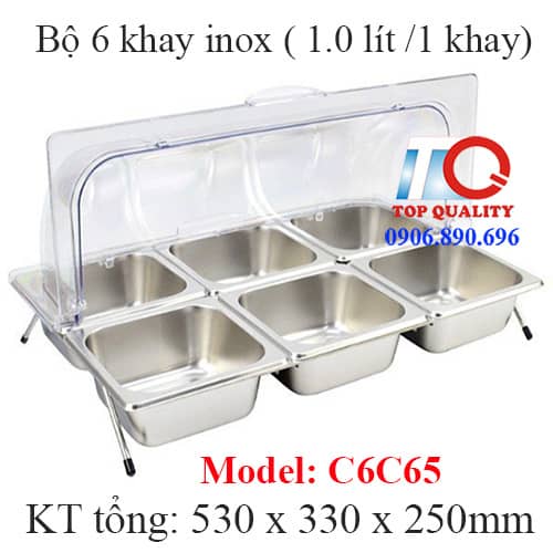 combo 6 khay inox 1 lít có nắp đựng topping, bộ khay đựng topping bán phở bánh mì