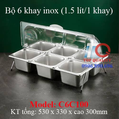 combo 6 khay đựng topping có nắp chụp đậy mở, combo 6 khay inox 1.5 lít có nắp vòm