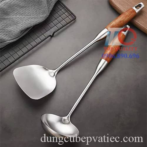 sạn chiên inox 304 không gỉ, vá múc canh inox 304, bộ vá sạn inox cán giả gỗ, mua vá sạn inox chịu nhiệt
