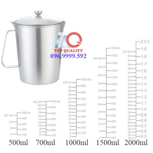 ca inox chia vạch có nắp, ca inox chia vạch, ca đong inox, ca inox có vạch đong, 500ml 700ml 1000ml 1500ml 2000ml