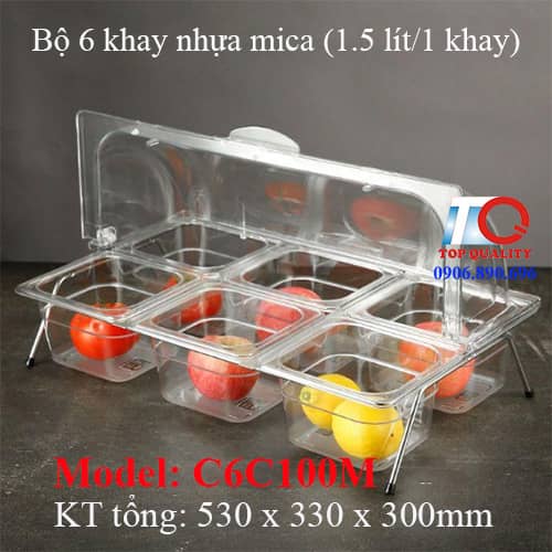 bộ 6 khay nhựa mica có nắp đựng topping nhà hàng lẩu, bộ khay đựng bánh trái cây tiệc trà