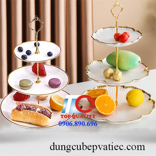 dĩa tầng trưng bày trái cây bánh ngọt, dĩa 3 tầng trưng bày buffet, dĩa 3 tầng trưng bày bánh, dĩa sứ 3 tầng 