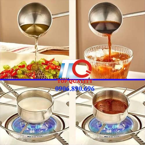 gáo inox nhỏ cán dài, muỗng inox đầu tròn cán dài, muỗng inox rót sốt trang trí, thìa inox trang trí sốt, muôi inox nhỏ cám dài, và inox tròn cán dài