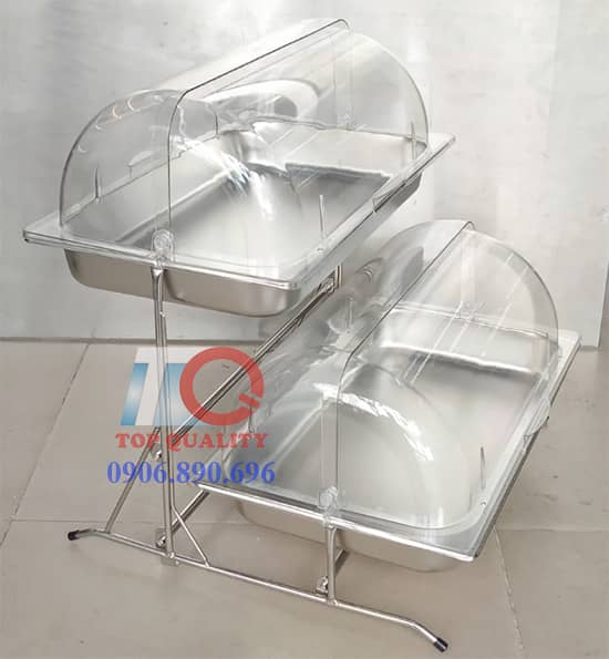 kệ 2 tầng 2 khay inox chữ nhật có nắp nhựa cong, giá trưng bầy tiệc 2 tầng, khung inox 2 tầng có khay inox và nắp đậy nhựa cong, kệ đựng thức ăn buffet 2 tầng có nắp nhựa cong