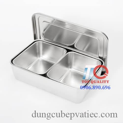 hộp inox có nắp có 2 ô bên trong, hộp inox chữ nhật có 2 ô bên trong, khay inox có 2 ô bên trong